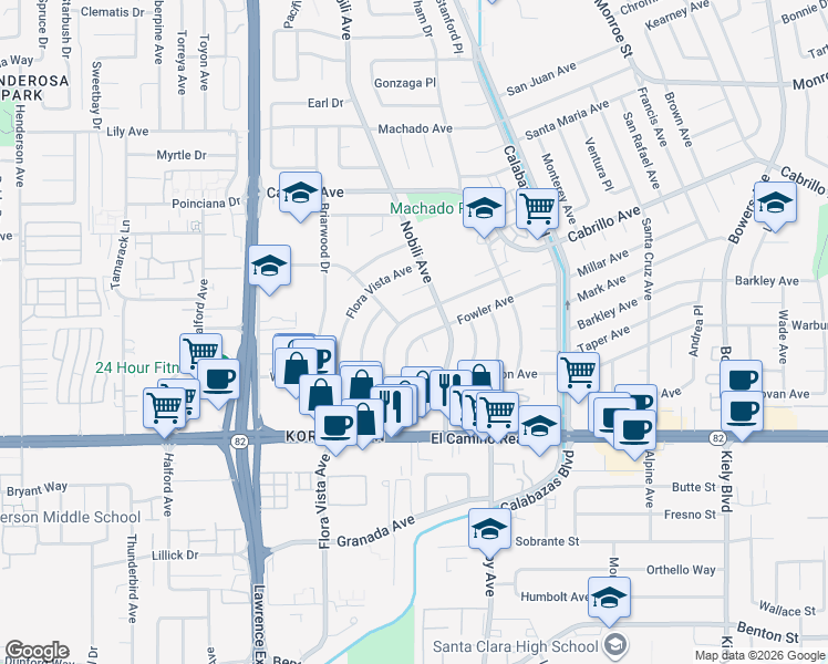 map of restaurants, bars, coffee shops, grocery stores, and more near 3435 Victoria Avenue in Santa Clara