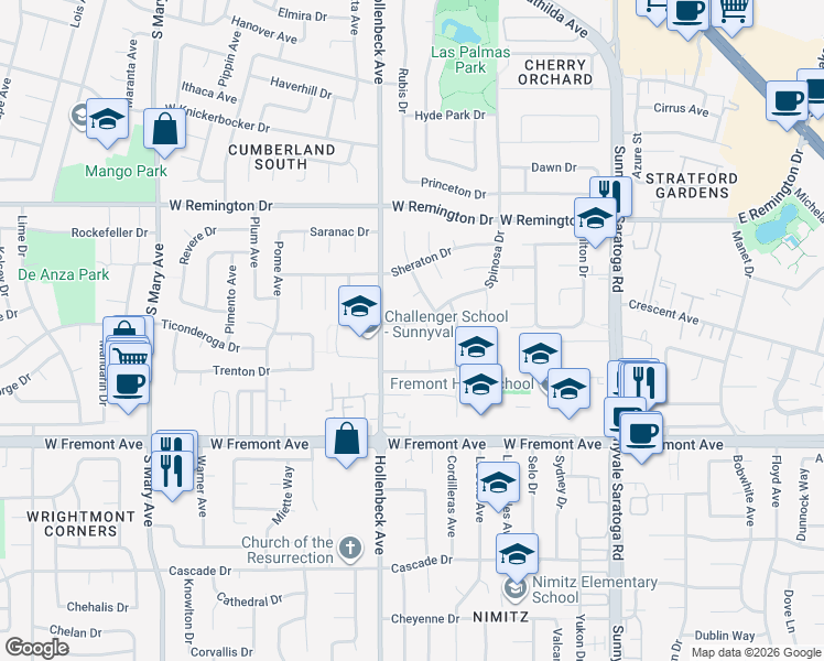 map of restaurants, bars, coffee shops, grocery stores, and more near 677 Torrington Drive in Sunnyvale