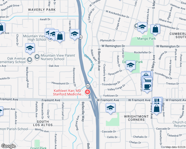 map of restaurants, bars, coffee shops, grocery stores, and more near 1183 Blackberry Terrace in Sunnyvale
