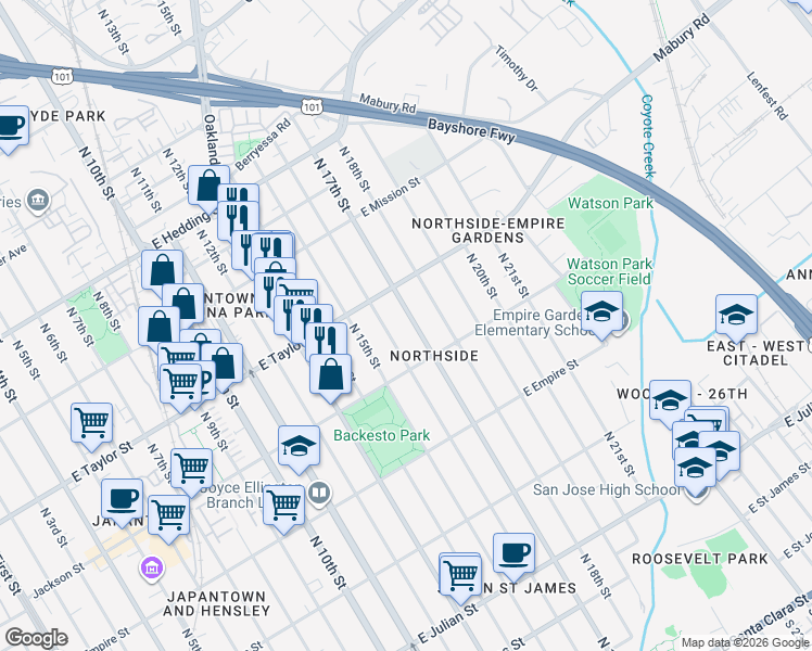 map of restaurants, bars, coffee shops, grocery stores, and more near 675 North 17th Street in San Jose
