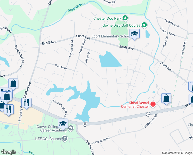 map of restaurants, bars, coffee shops, grocery stores, and more near 5651 Elfinwood Road in Chester