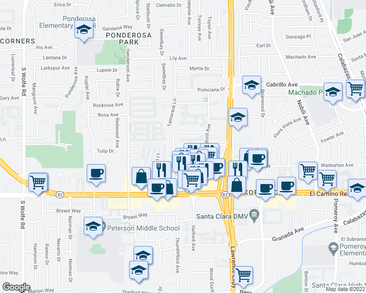map of restaurants, bars, coffee shops, grocery stores, and more near 1760 Halford Avenue in Santa Clara