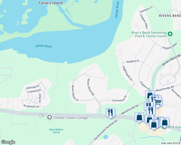 map of restaurants, bars, coffee shops, grocery stores, and more near 207 Rivers Bend Circle in Chester