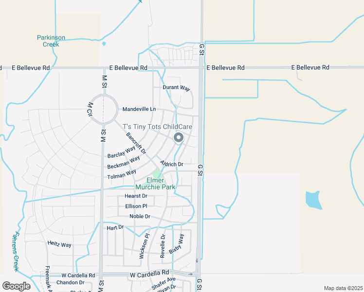 map of restaurants, bars, coffee shops, grocery stores, and more near 4693 Hutchinson Lane in Merced