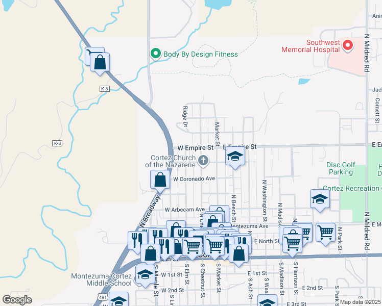 map of restaurants, bars, coffee shops, grocery stores, and more near 201 West Empire Street in Cortez