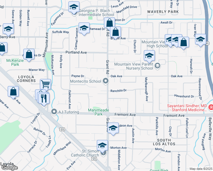 map of restaurants, bars, coffee shops, grocery stores, and more near 1468 Grant Road in Los Altos