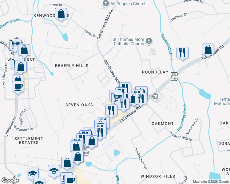map of restaurants, bars, coffee shops, grocery stores, and more near 209 Old Graves Mill Road in Lynchburg
