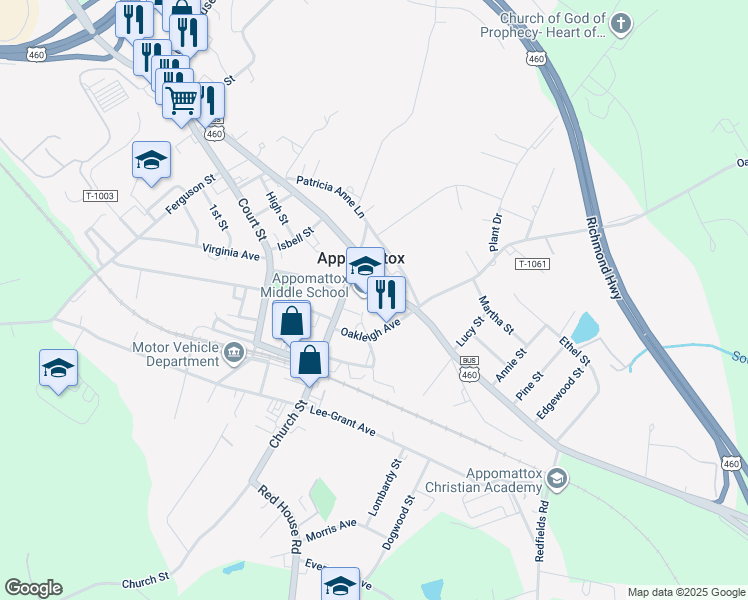 map of restaurants, bars, coffee shops, grocery stores, and more near 2020 Church Street in Appomattox