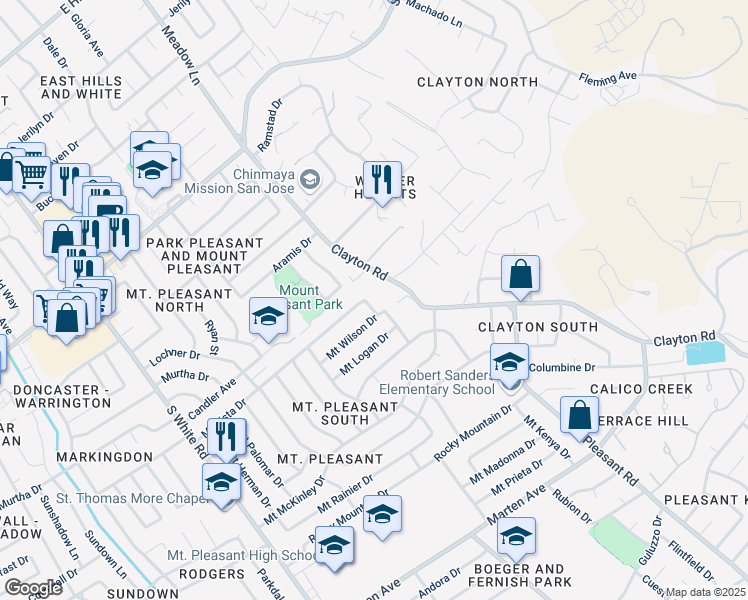 map of restaurants, bars, coffee shops, grocery stores, and more near 1395 Clayton Road in San Jose