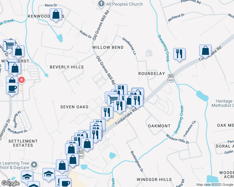 map of restaurants, bars, coffee shops, grocery stores, and more near 44 Emanuel Court in Lynchburg