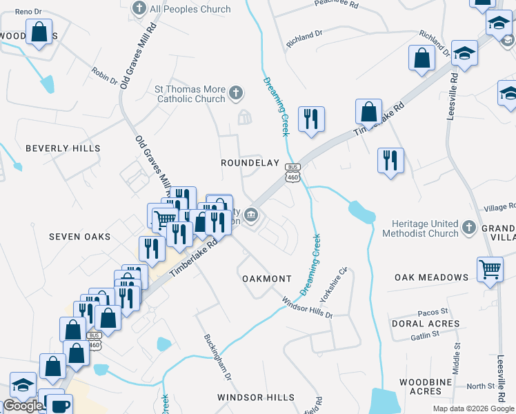 map of restaurants, bars, coffee shops, grocery stores, and more near 7612 Timberlake Road in Lynchburg