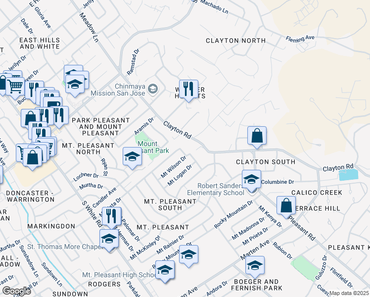 map of restaurants, bars, coffee shops, grocery stores, and more near 1395 Clayton Road in San Jose