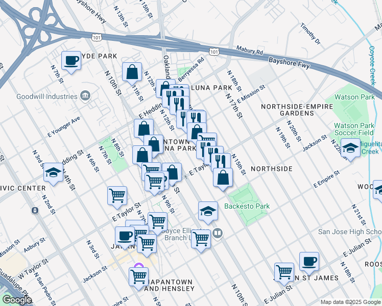 map of restaurants, bars, coffee shops, grocery stores, and more near 747 North 13th Street in San Jose