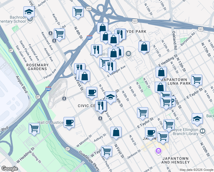 map of restaurants, bars, coffee shops, grocery stores, and more near 120 East Younger Avenue in San Jose