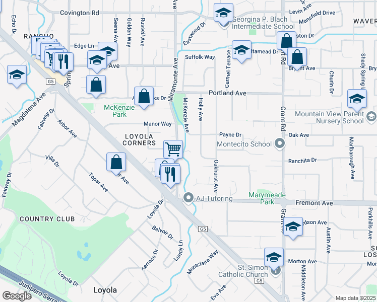 map of restaurants, bars, coffee shops, grocery stores, and more near 1463 Miramonte Avenue in Los Altos
