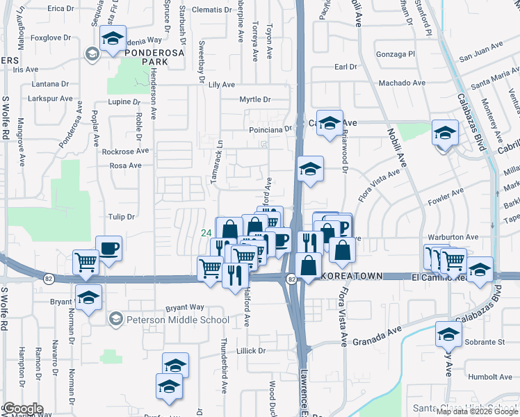 map of restaurants, bars, coffee shops, grocery stores, and more near in Santa Clara