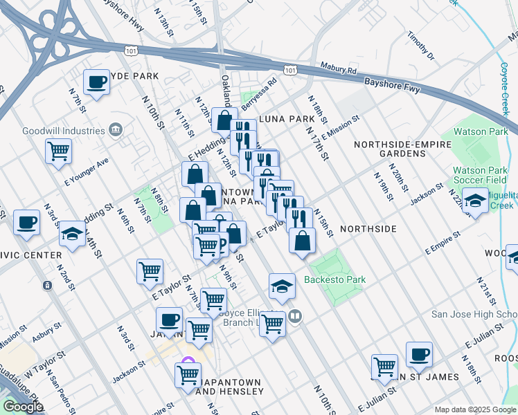 map of restaurants, bars, coffee shops, grocery stores, and more near 747 North 13th Street in San Jose