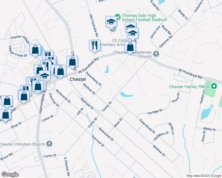 map of restaurants, bars, coffee shops, grocery stores, and more near 12201 Petersburg Street in Chester