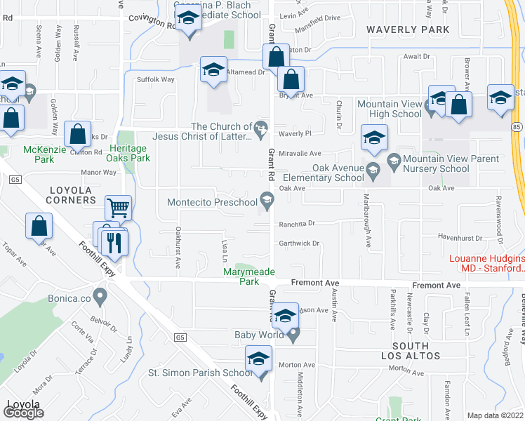 map of restaurants, bars, coffee shops, grocery stores, and more near 1468 Grant Road in Los Altos