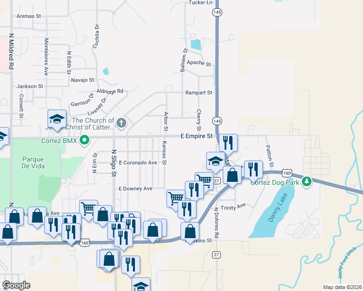 map of restaurants, bars, coffee shops, grocery stores, and more near 2101 East Empire Street in Cortez
