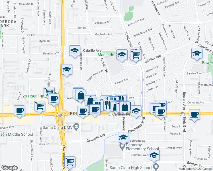map of restaurants, bars, coffee shops, grocery stores, and more near 3443 Fowler Avenue in Santa Clara