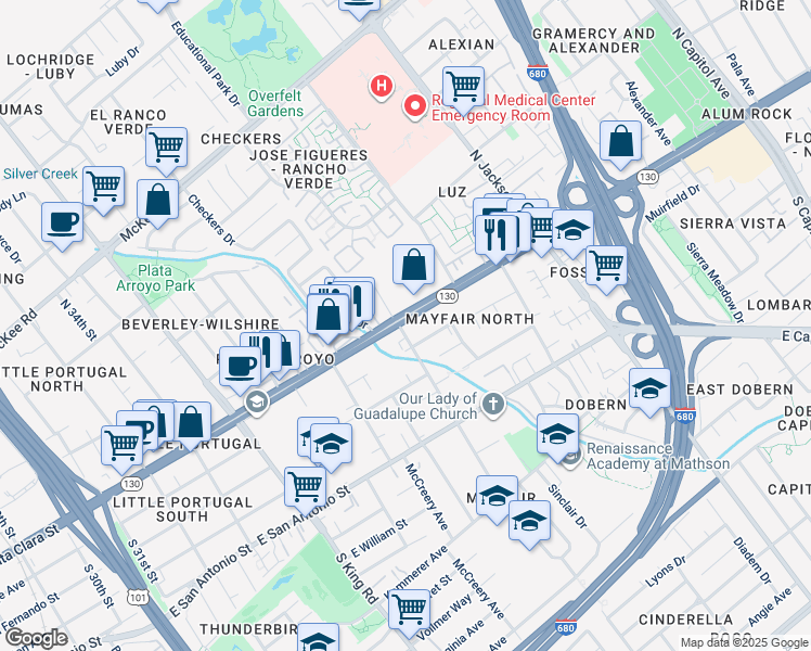 map of restaurants, bars, coffee shops, grocery stores, and more near 2002 Alum Rock Avenue in San Jose