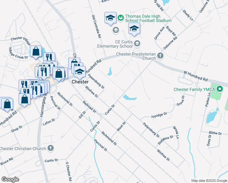 map of restaurants, bars, coffee shops, grocery stores, and more near 12201 Petersburg Street in Chester