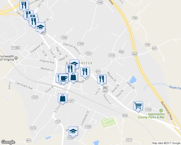 map of restaurants, bars, coffee shops, grocery stores, and more near 1386 Confederate Boulevard in Appomattox
