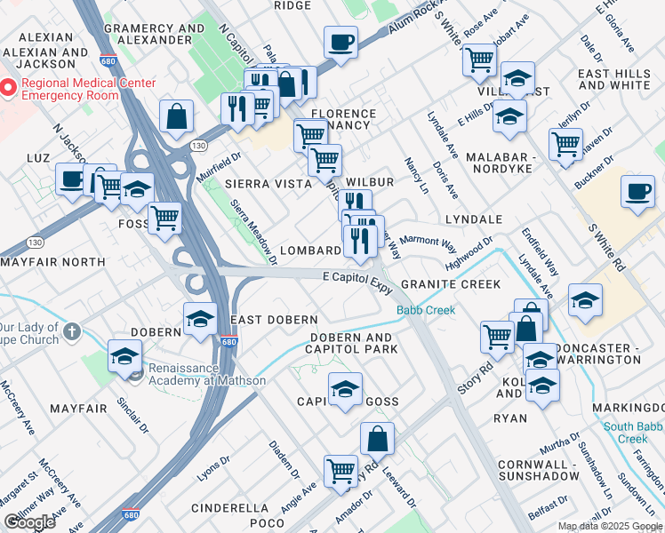 map of restaurants, bars, coffee shops, grocery stores, and more near 2622 Lombard Avenue in San Jose
