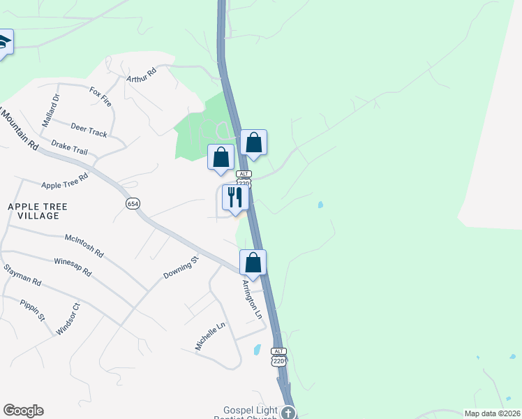 map of restaurants, bars, coffee shops, grocery stores, and more near 46 Farmer Brown Lane in Roanoke