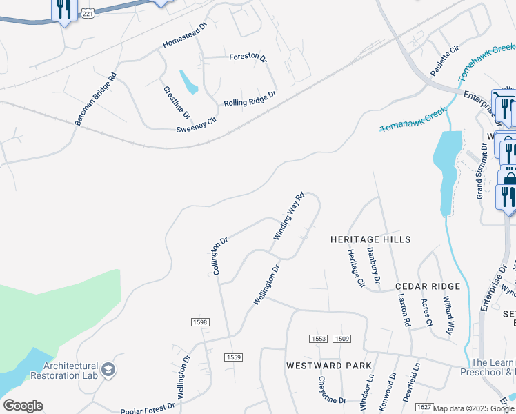 map of restaurants, bars, coffee shops, grocery stores, and more near 121 Collington Drive in Lynchburg