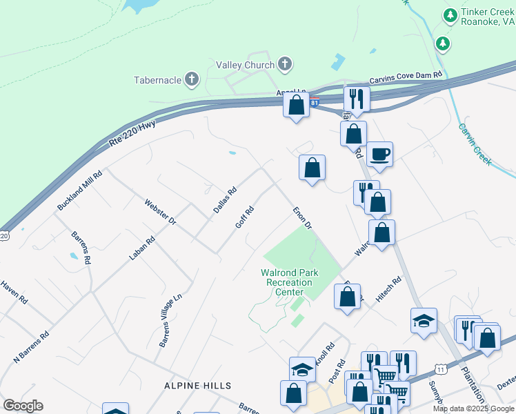 map of restaurants, bars, coffee shops, grocery stores, and more near 7005 Goff Road in Hollins