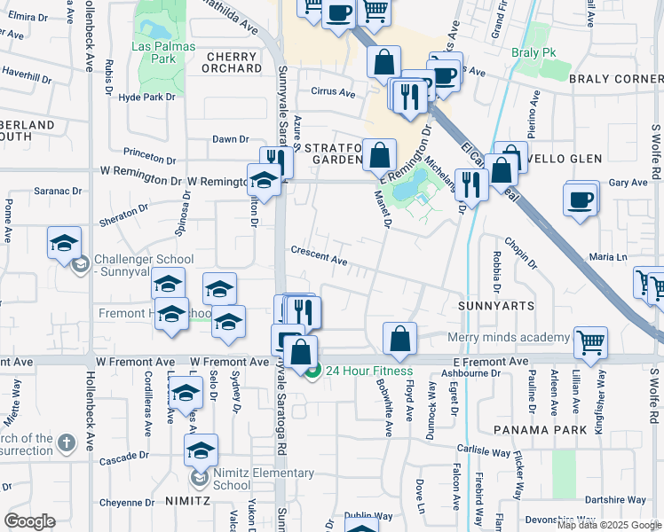 map of restaurants, bars, coffee shops, grocery stores, and more near 421 Crescent Avenue in Sunnyvale