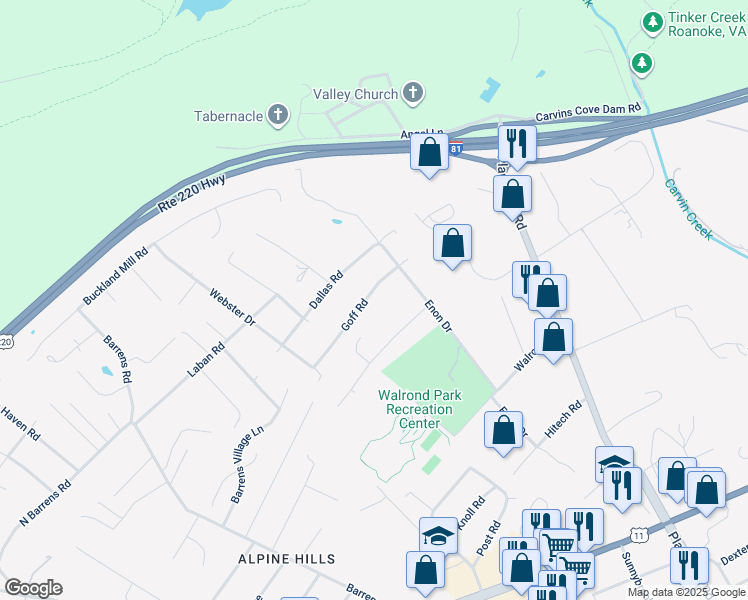 map of restaurants, bars, coffee shops, grocery stores, and more near 7005 Goff Road in Hollins