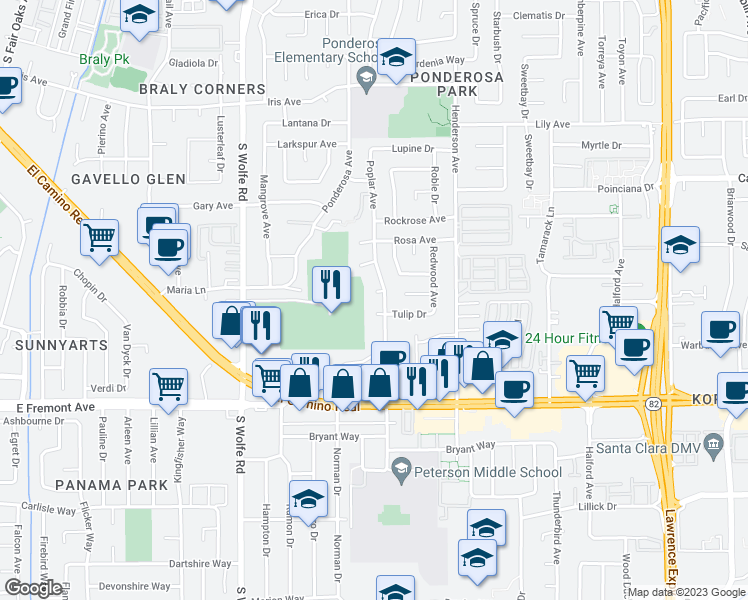 map of restaurants, bars, coffee shops, grocery stores, and more near 999 Poplar Court in Sunnyvale