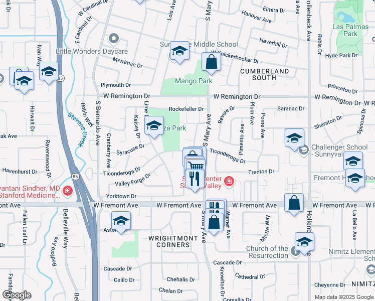 map of restaurants, bars, coffee shops, grocery stores, and more near 961 Ticonderoga Dr in Sunnyvale