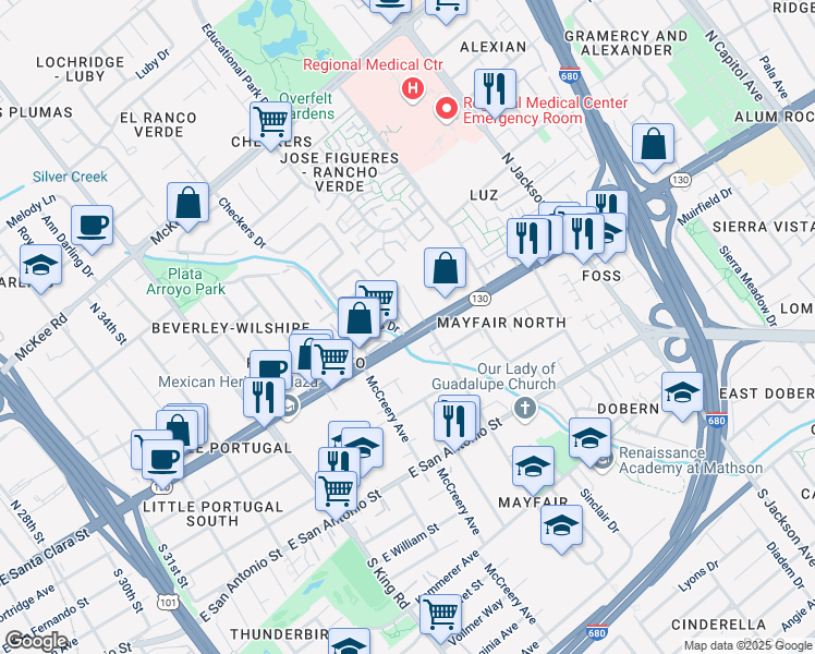 map of restaurants, bars, coffee shops, grocery stores, and more near 14 Castlecrest Drive in San Jose