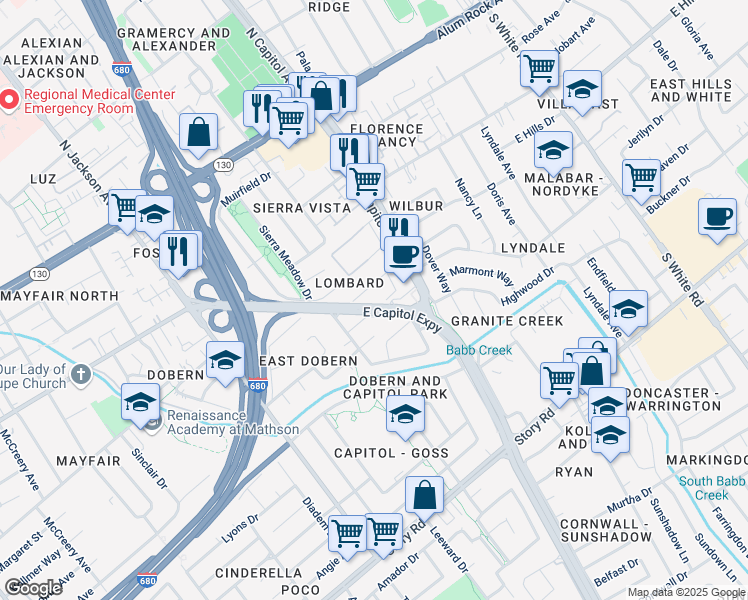 map of restaurants, bars, coffee shops, grocery stores, and more near 2622 Lombard Avenue in San Jose