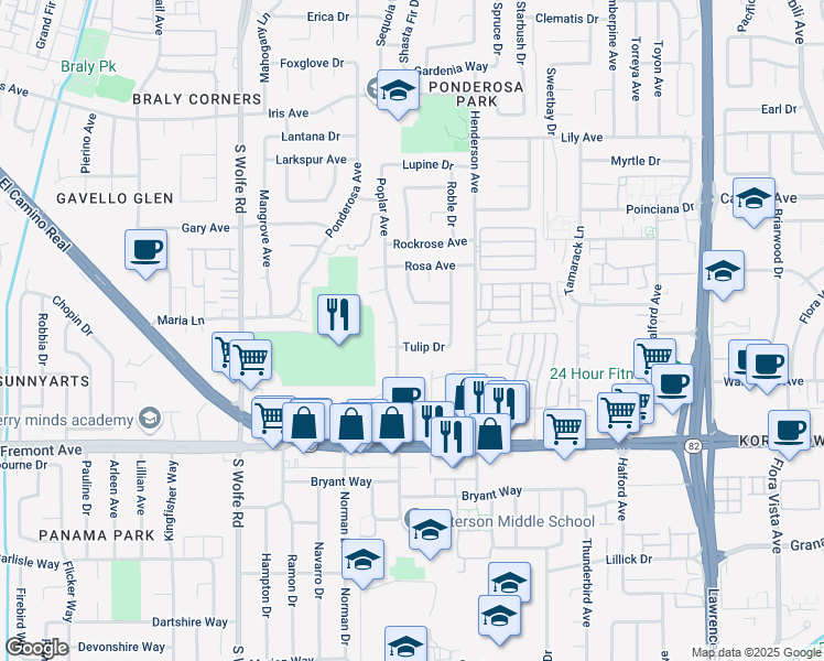 map of restaurants, bars, coffee shops, grocery stores, and more near 1017 Thistle Court in Sunnyvale