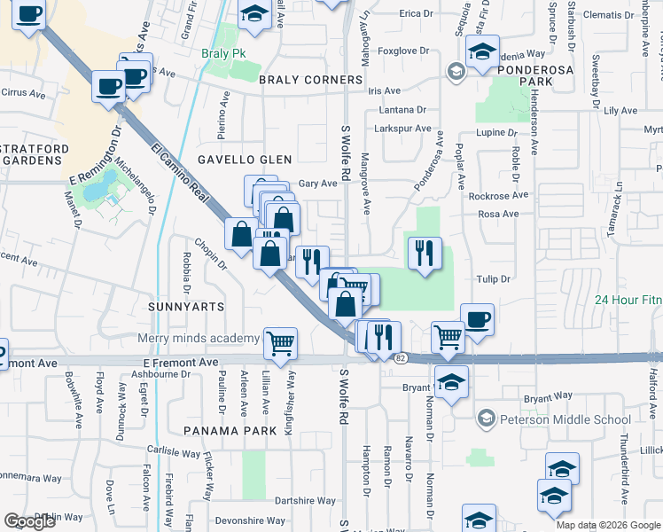 map of restaurants, bars, coffee shops, grocery stores, and more near 1001 South Wolfe Road in Sunnyvale