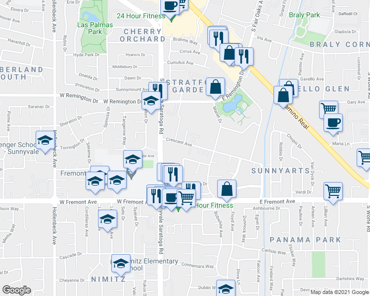 map of restaurants, bars, coffee shops, grocery stores, and more near 421 Crescent Avenue in Sunnyvale