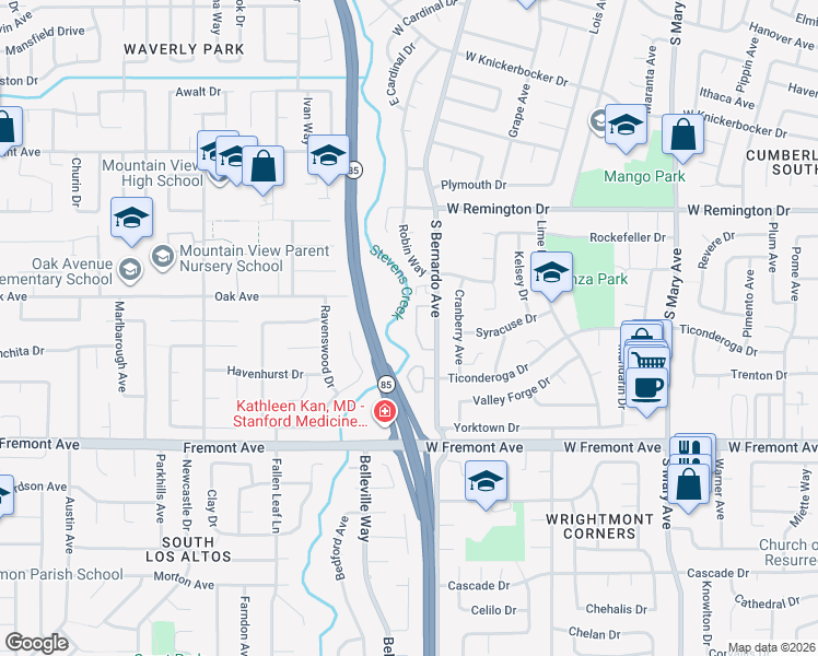 map of restaurants, bars, coffee shops, grocery stores, and more near 1183 Blackberry Terrace in Sunnyvale