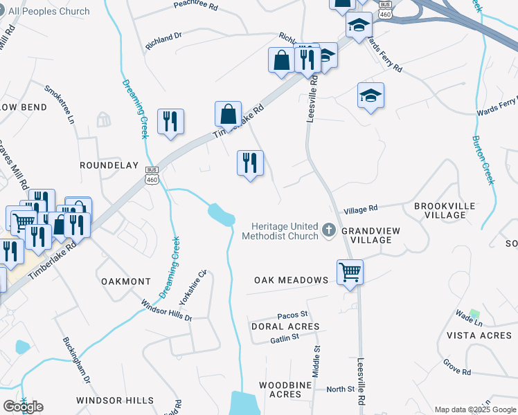 map of restaurants, bars, coffee shops, grocery stores, and more near 1003 Misty Mountain Rd in Lynchburg