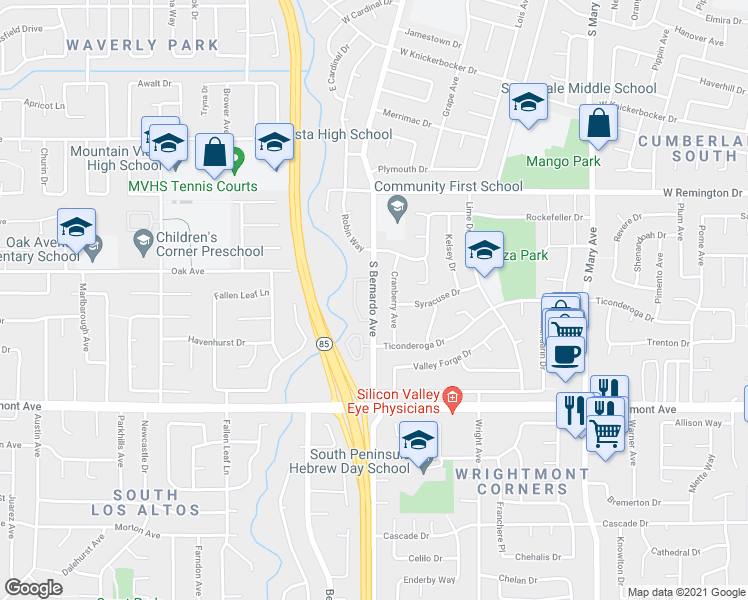 map of restaurants, bars, coffee shops, grocery stores, and more near 1192 South Bernardo Avenue in Sunnyvale