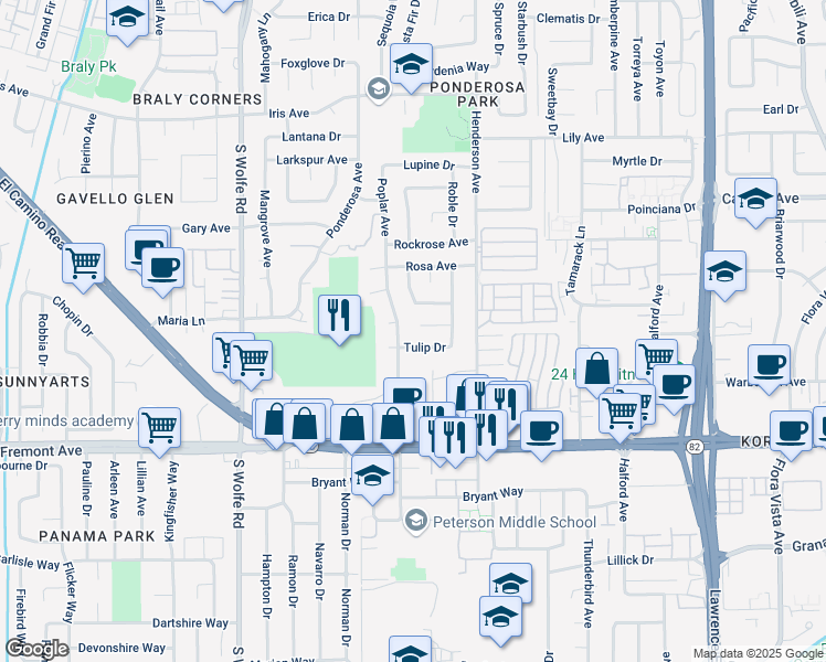 map of restaurants, bars, coffee shops, grocery stores, and more near 1017 Thistle Court in Sunnyvale