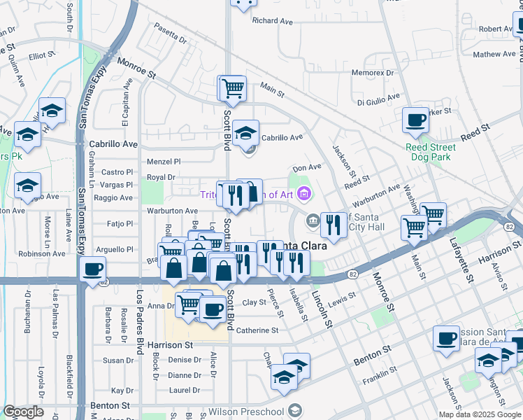 map of restaurants, bars, coffee shops, grocery stores, and more near 1800 Warburton Avenue in Santa Clara