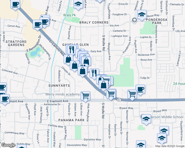 map of restaurants, bars, coffee shops, grocery stores, and more near 836 Maria Lane in Sunnyvale