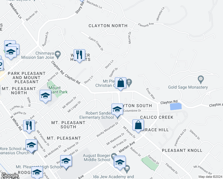 map of restaurants, bars, coffee shops, grocery stores, and more near 1562 Clayton Road in San Jose