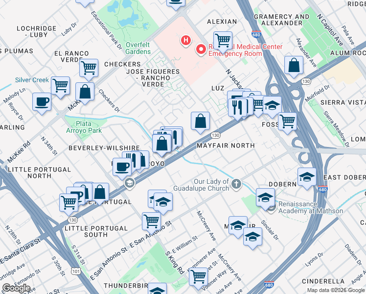 map of restaurants, bars, coffee shops, grocery stores, and more near 1991 Alum Rock Avenue in San Jose