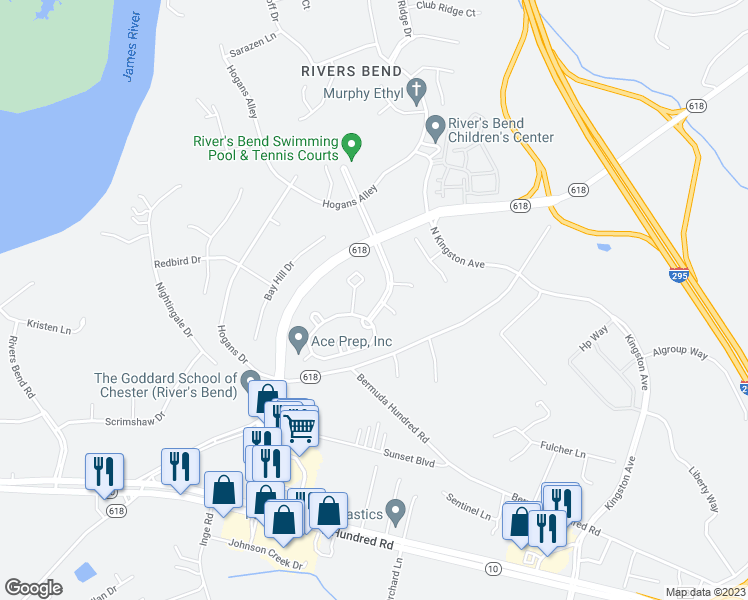 map of restaurants, bars, coffee shops, grocery stores, and more near 12800 Greenside Drive in Chester